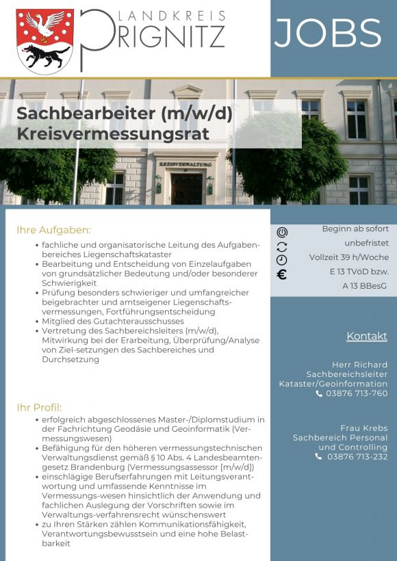 Sachbearbeiter (m/w/d) Kreisvermessungsrat - befristet bis 30.11.20230 - Seite 1