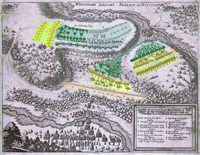 Kupferstich der Schlacht von Wittstock von Mathias Merian d. Ä. mit Einfärbung der Aufmarschstellung (hell) der schwedischen (gelb) sowie kaiserlich-sächsischen Truppen (grün) und der ersten Schlachtphase (mittel). Durch eine ungewöhnliche Umgehungstaktik fallen die Schweden in den Rücken des Feindes (dunkel) und erringen dadurch den Sieg (SLUB Dresden / Deutsche Fotothek; farbige Hervorhebungen R. Opitz, BLDAM) Lit.-Angabe: Theatrum Europaeum, Band 3, Frankfurt am Main 1670, Tafel 22